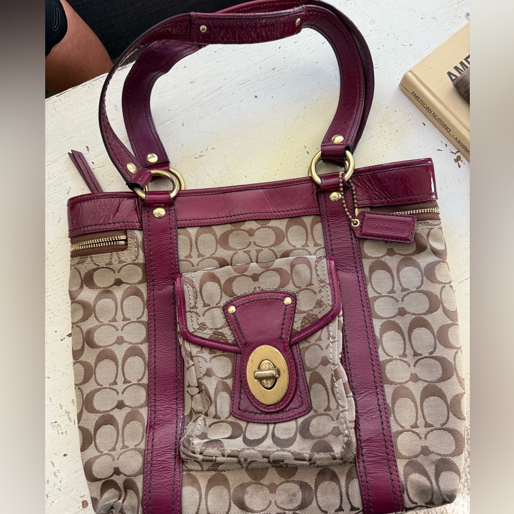 Coach Brown and Tan Signature Tote with Gold Accents